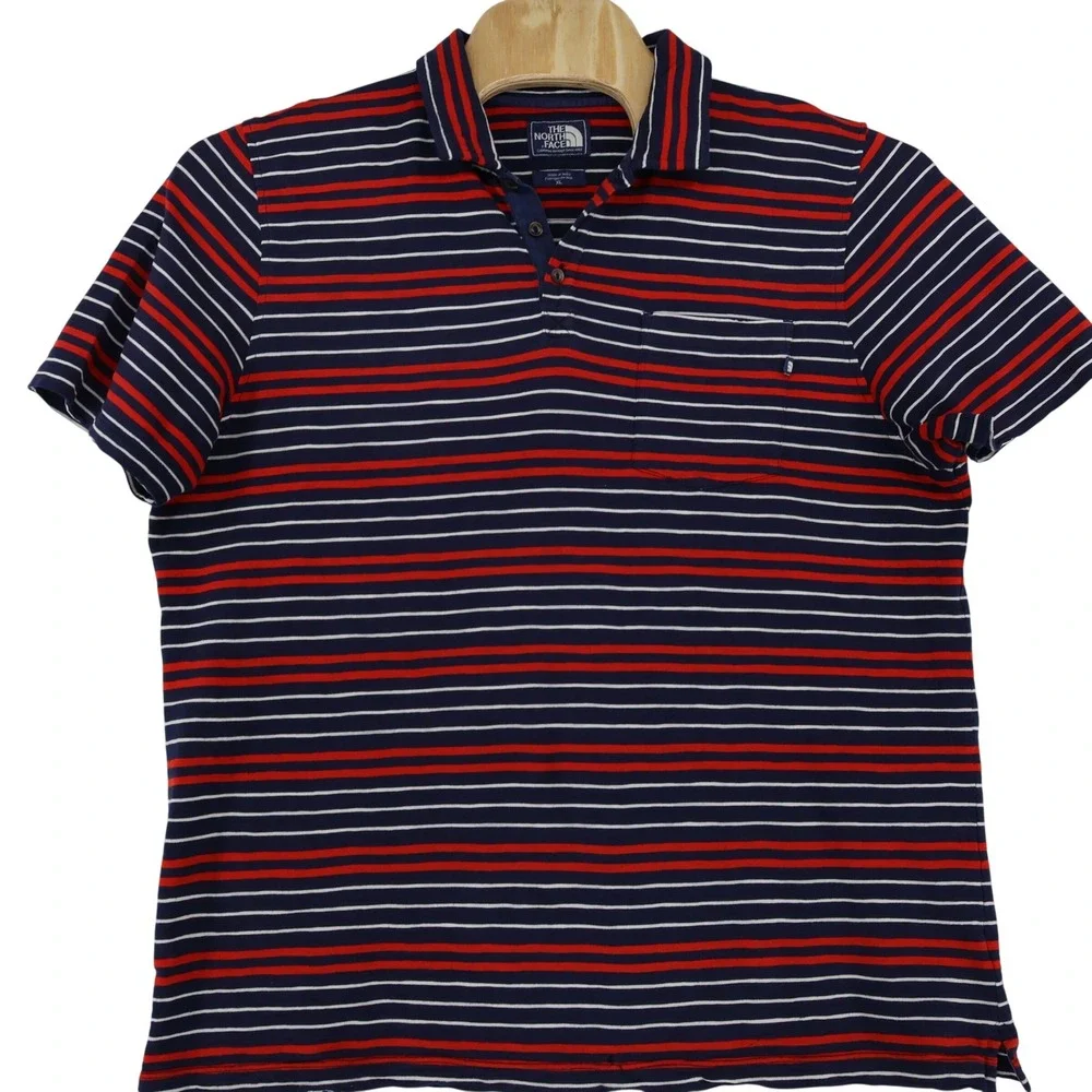 The North Face Mens XL Polo Shirt Striped Navy‎ Blue Red Short Sleeve Pocket